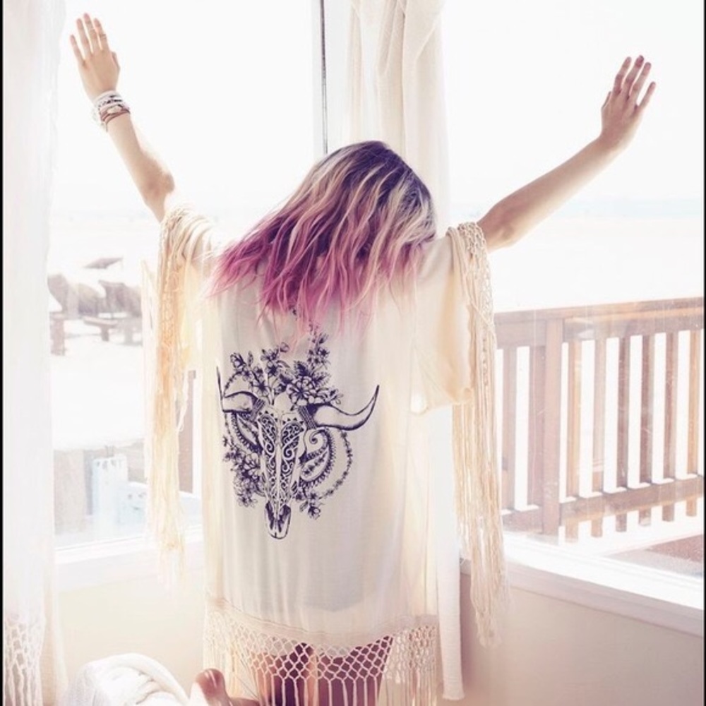 White Fringe Bull Skull Kimono